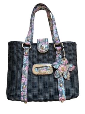 Guess Woven Basket Bag Black Floral Charm Y2K